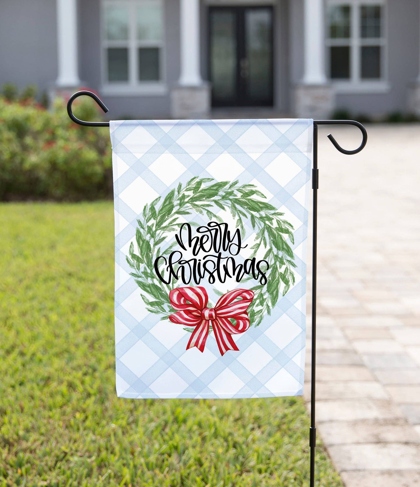 Merry Christmas Wreath Red Bow Garden Flag- Double-Sided