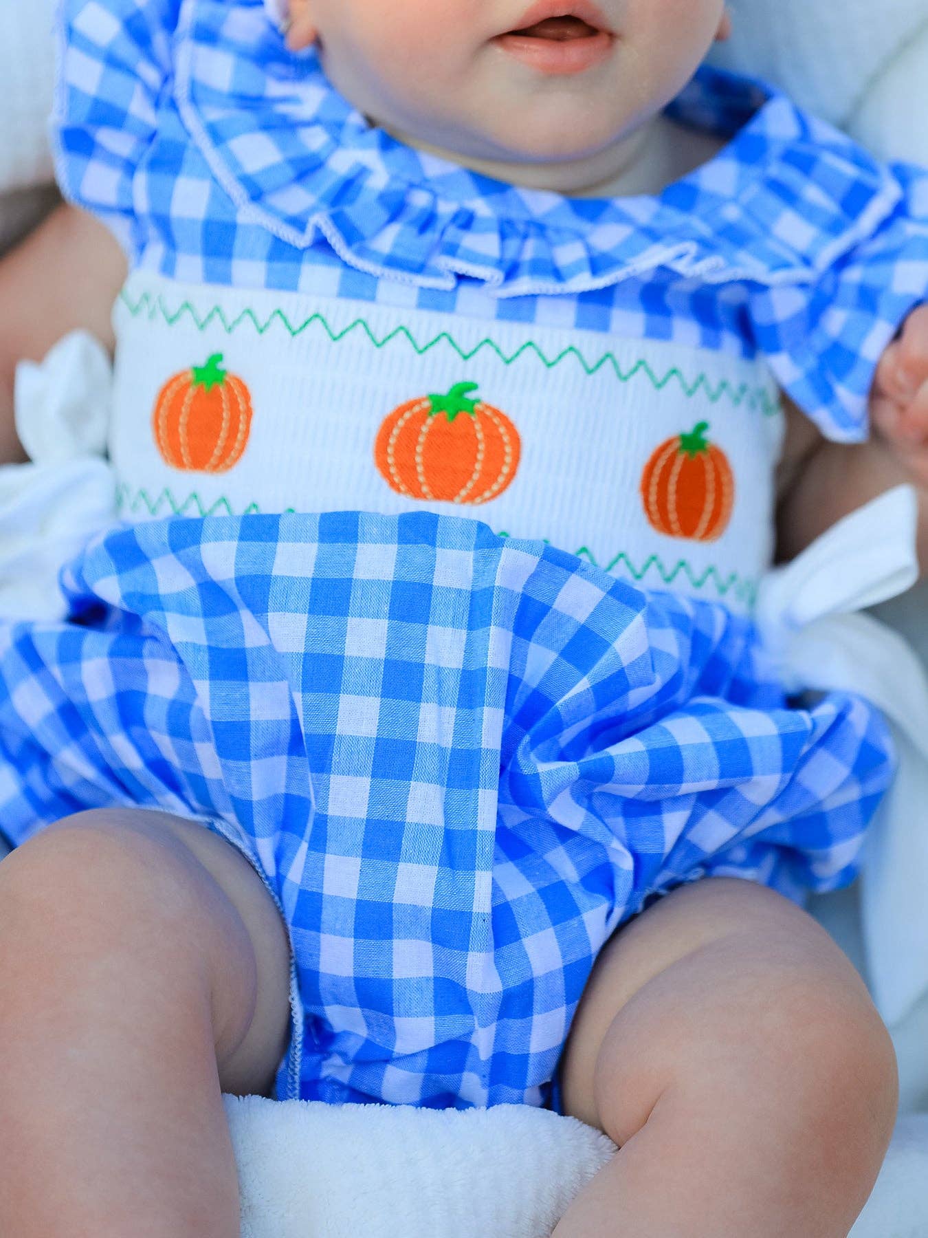 Blue Gingham Pumpkin Smock Embroidered Bubble- Baby Girl