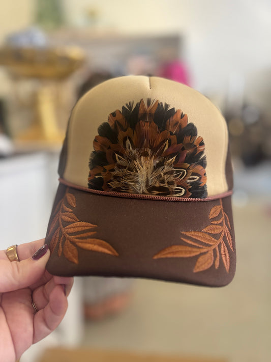 Brown Embroidered, Feather Trucker Hat