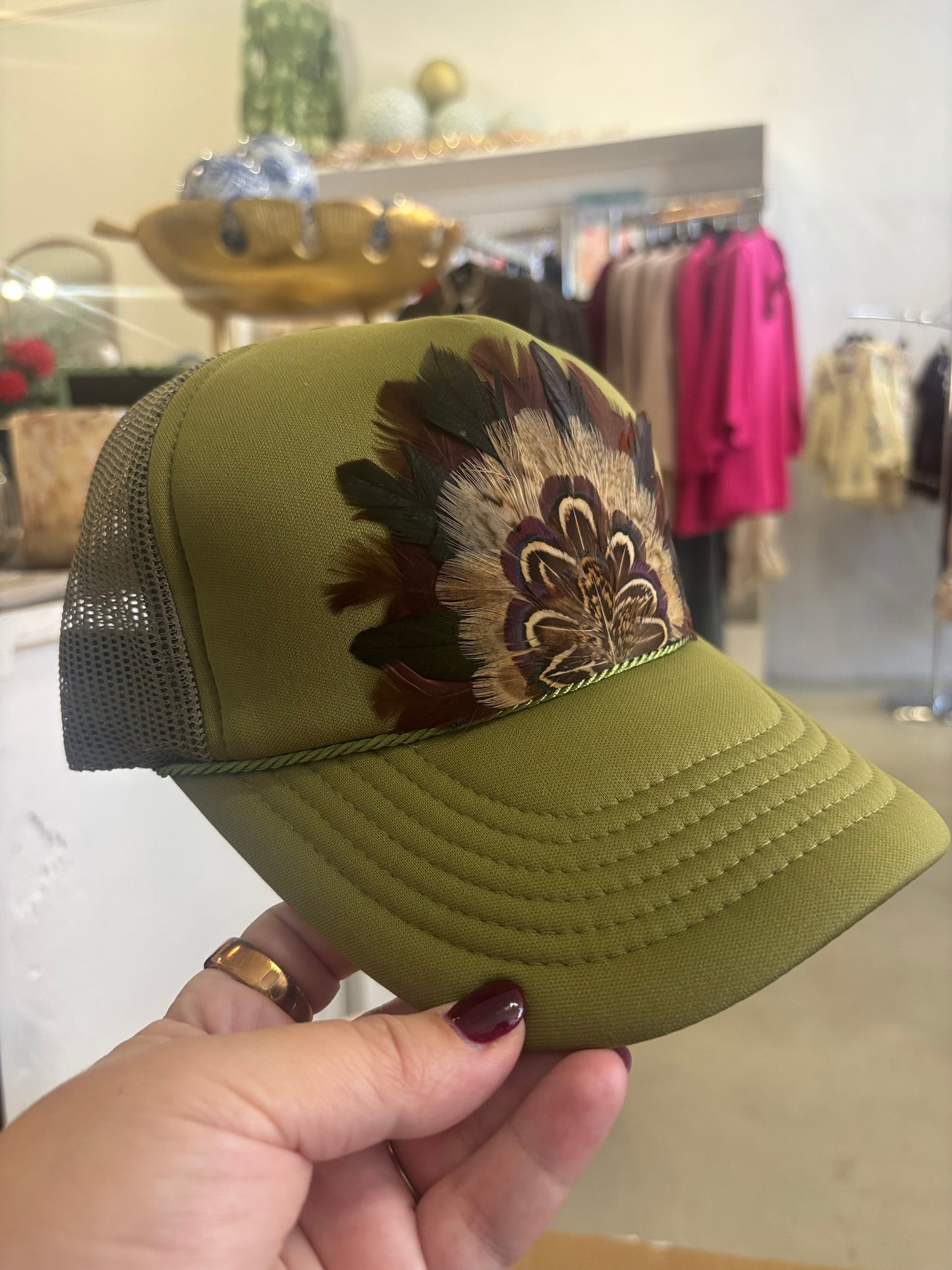 Olive Green, Feather Trucker Hat