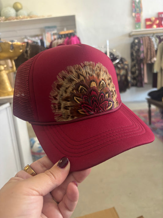 Burgundy Feather Trucker Hat