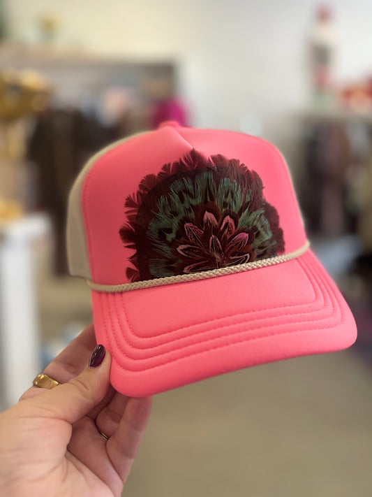 Neon Pink, Feather Trucker Hat
