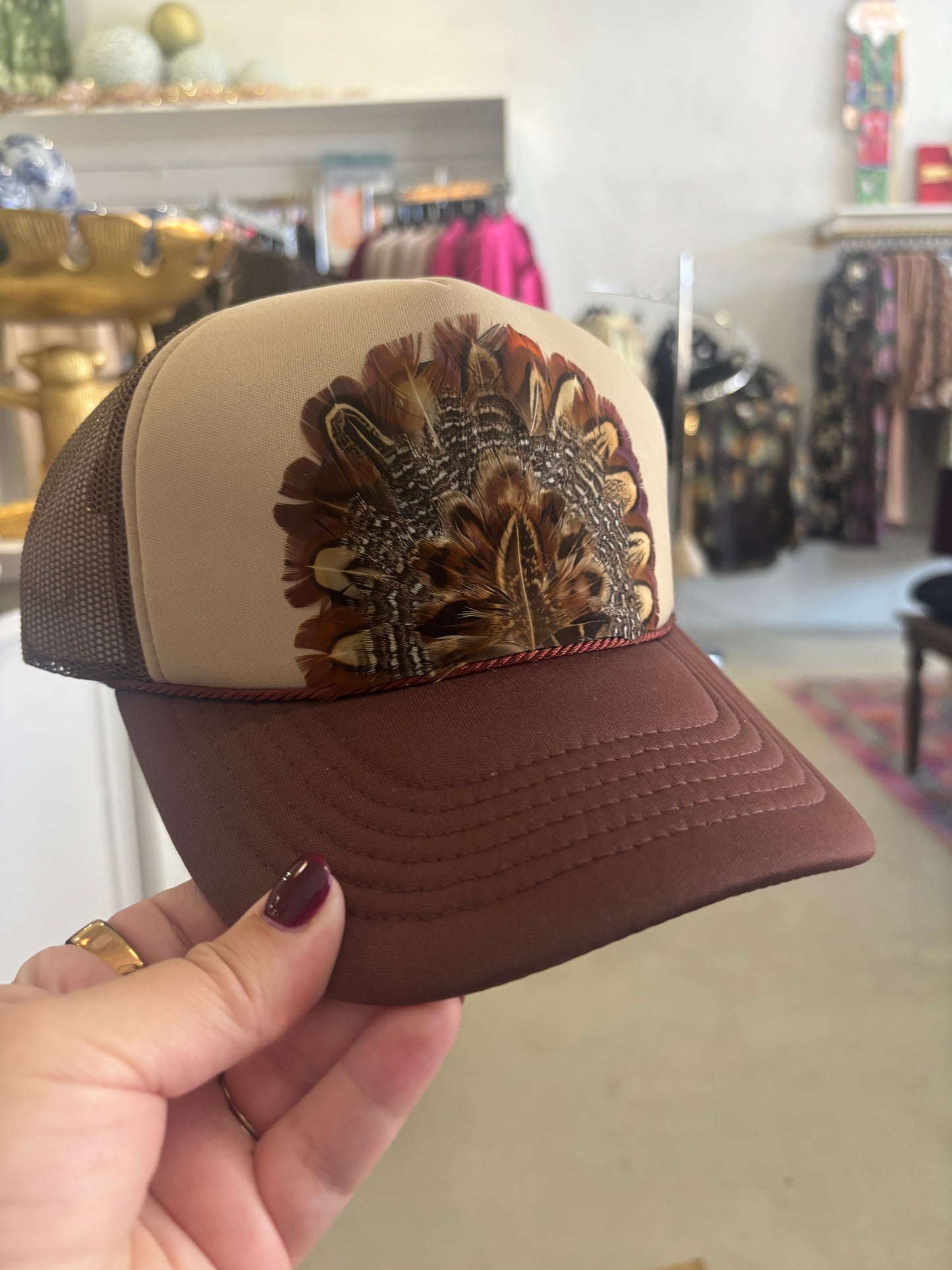 Tan & Brown Feather Trucker Hat