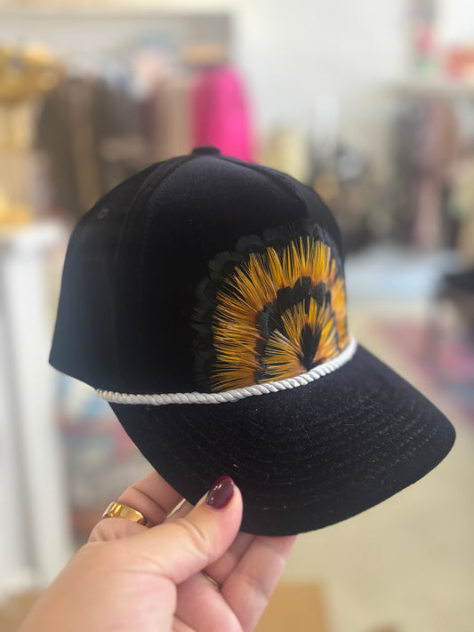 Black Crushed Velvet, Feather Trucker Hat