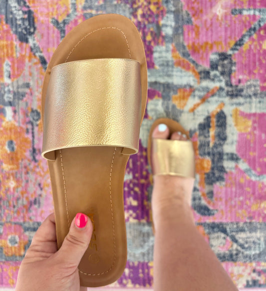 Champagne Wide Band Slip On Flat Summer Sandals