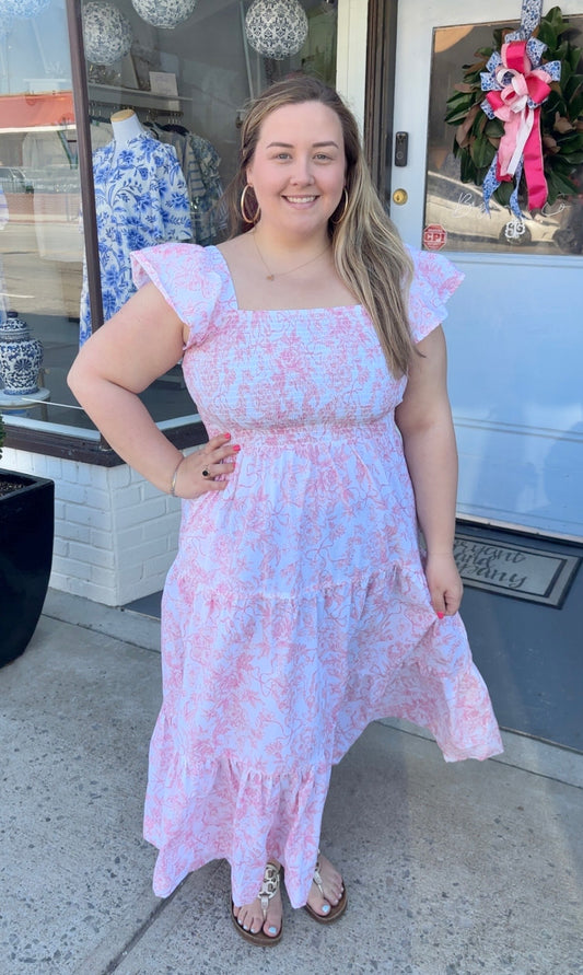 Pink Toile Smocked Flutter Sleeve Dress