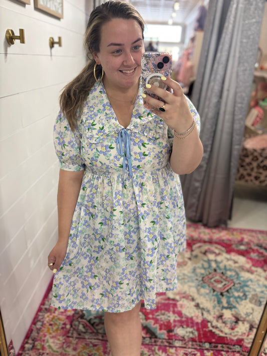 Blue Floral Ruffle Tie Dress