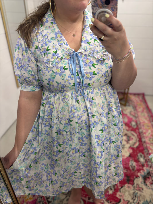 Blue Floral Ruffle Tie Dress