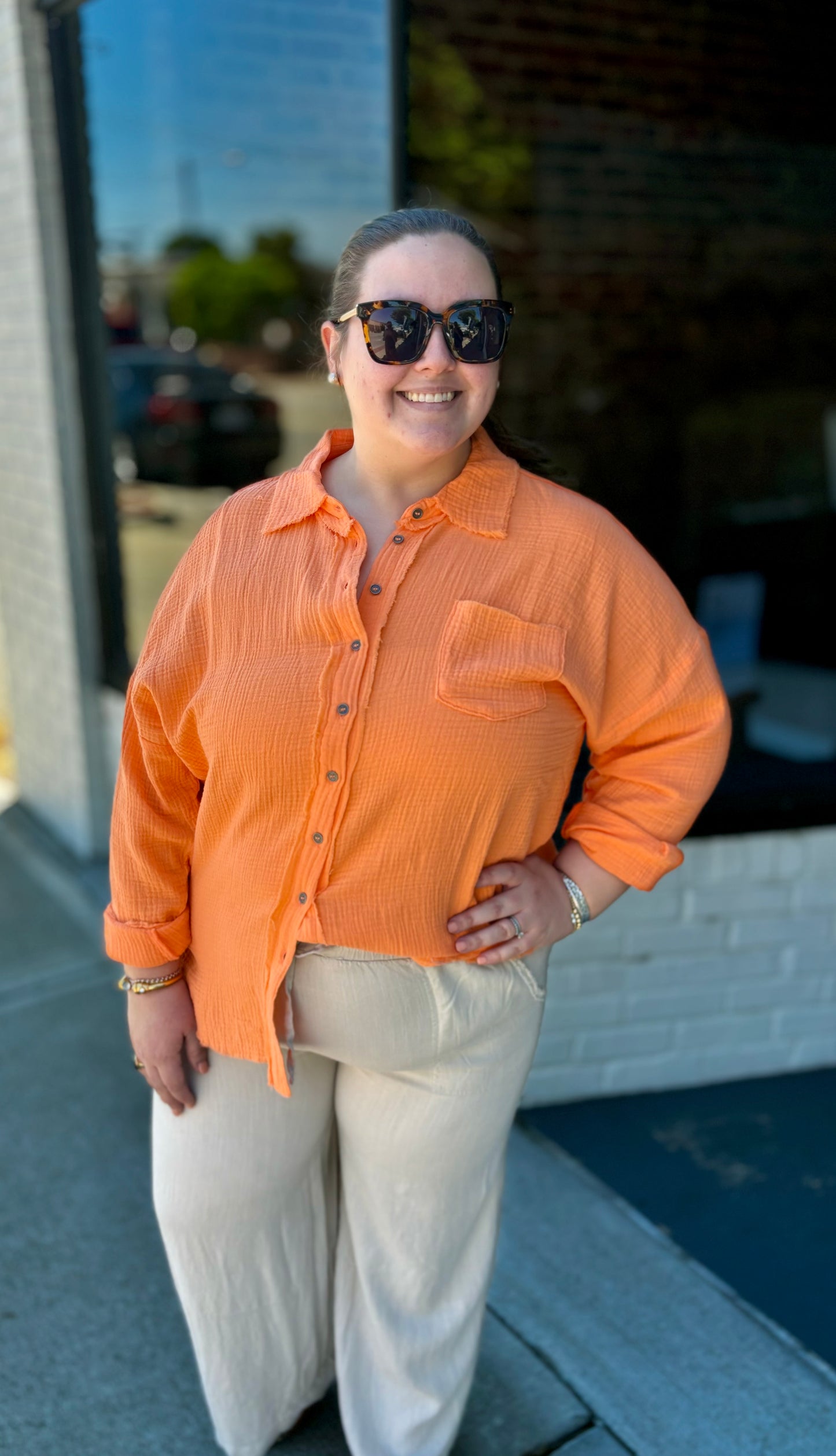 Orange Gauze Button Top