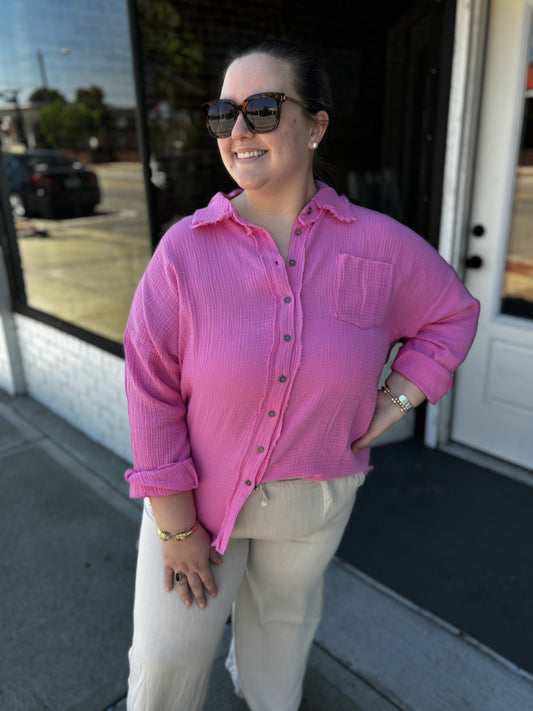 Pink Button Gauze Top