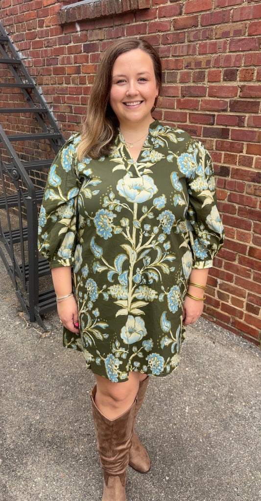 Olive & Blue Blooms Dress