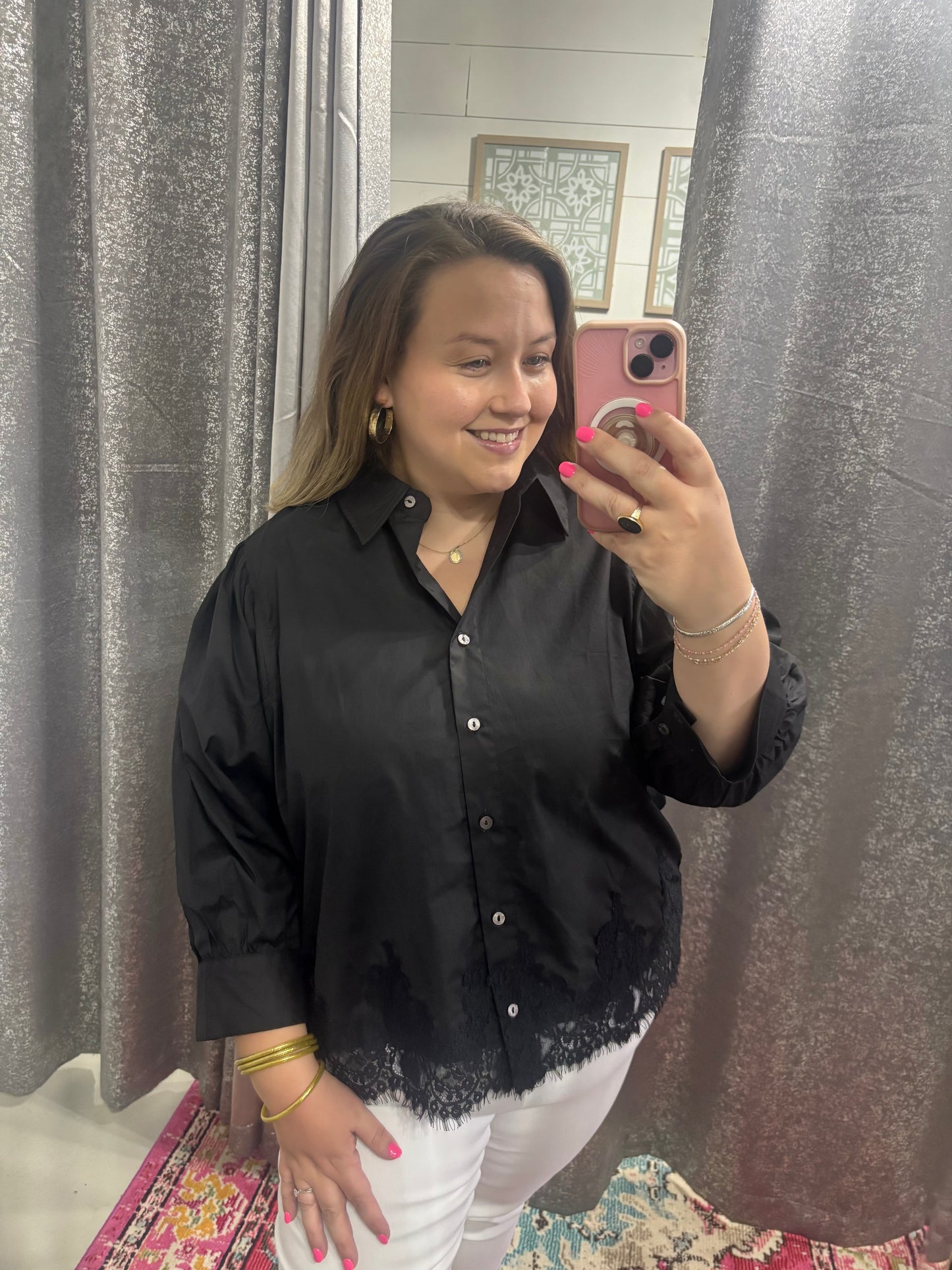 Black & Lace Button Down Blouse