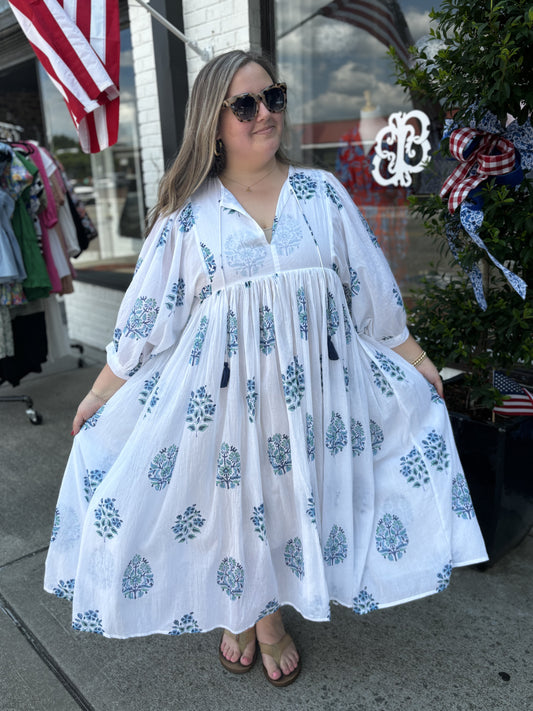 Mylah Midi Dress Block Printed Blue White