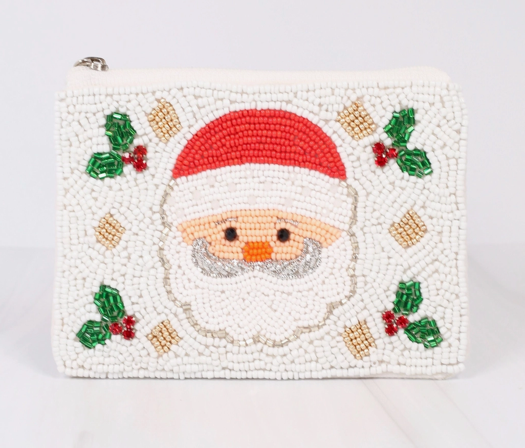 Holly Jolly Santa Beaded Coin Purse