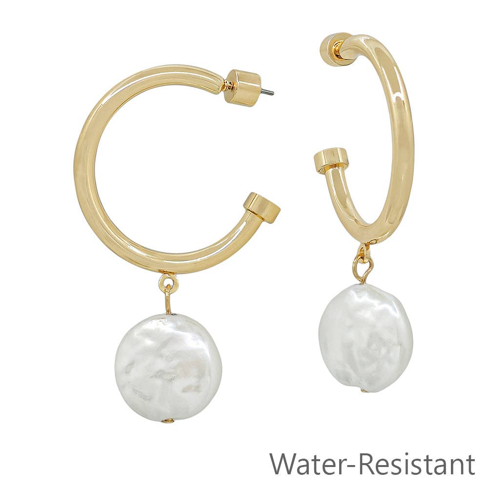 2" Gold Hoop with Flat Pearl Drop Earring