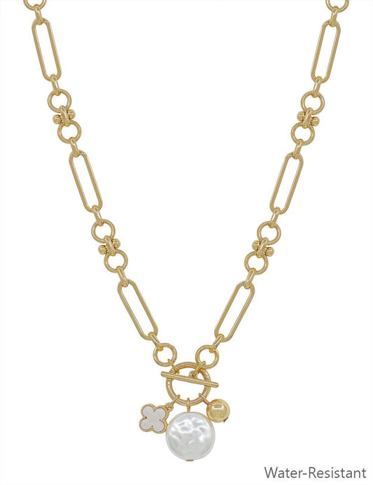 Gold Chain with Pearl, Clover Charms Necklace