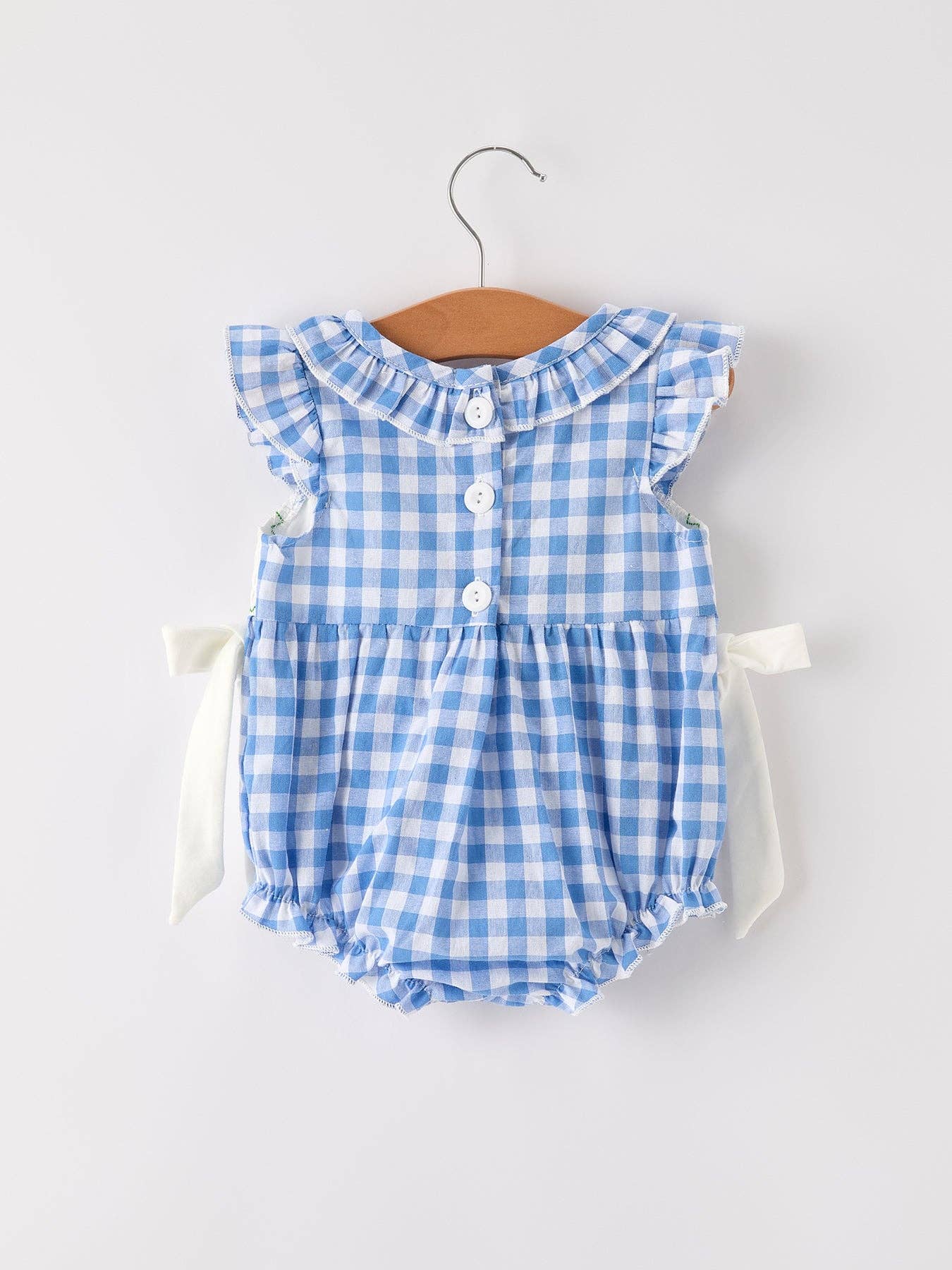 Blue Gingham Pumpkin Smock Embroidered Bubble- Baby Girl