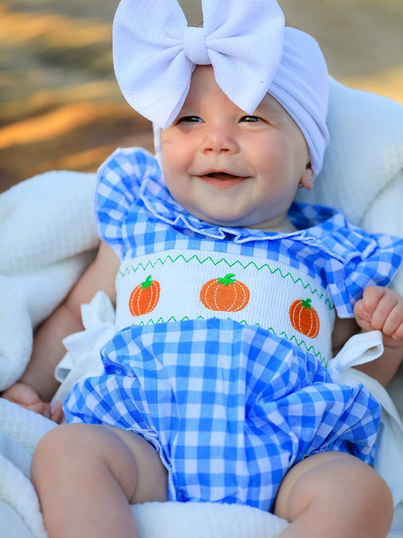 Blue Gingham Pumpkin Smock Embroidered Bubble- Baby Girl