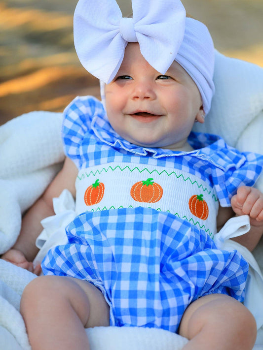Blue Gingham Pumpkin Smock Embroidered Bubble- Baby Girl