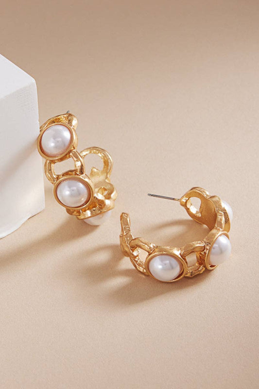 Gold Hammered 1.5" Hoop Earring with Pearl Accents