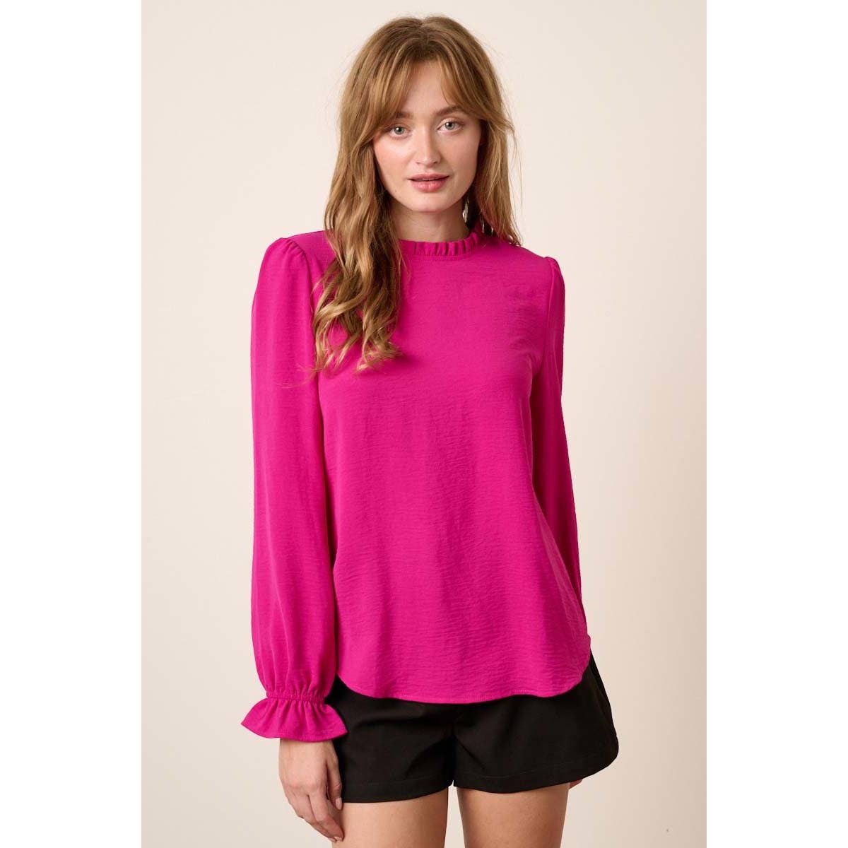 Ruffle Mock Neck Blouse, Fuchsia